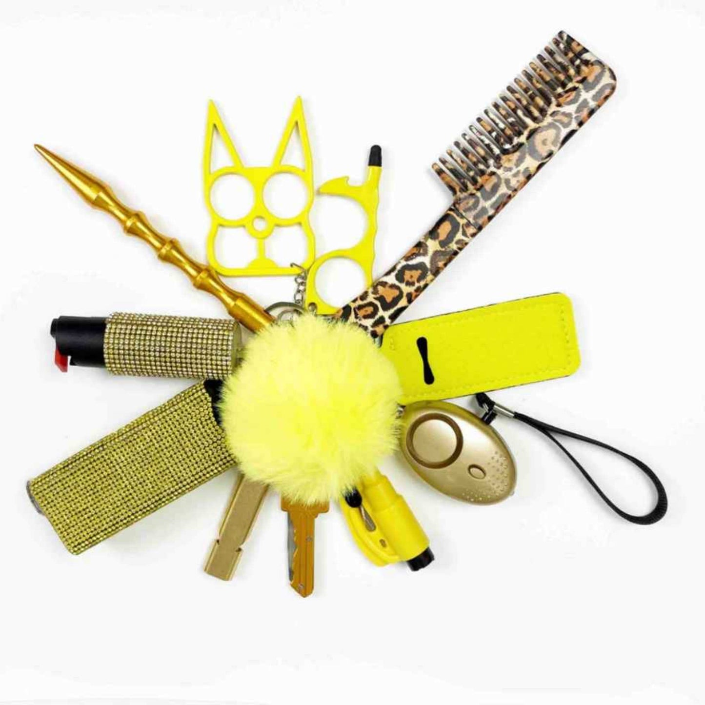 personal safety keychain set with multiple self-defense tools in yellow