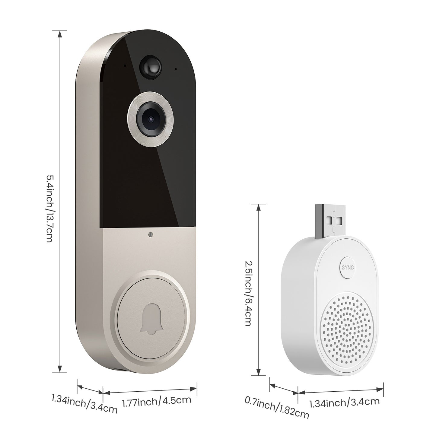 Smart doorbell and receiver with dimensions on a white background