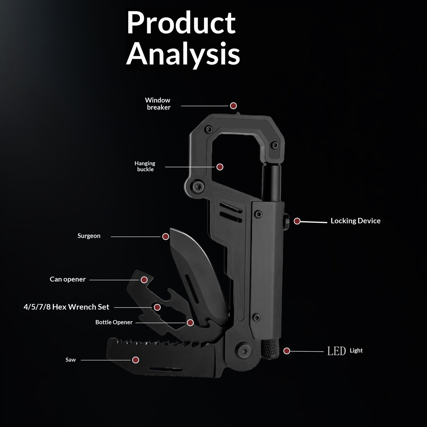 Compact EDC carabiner multi-tool with stainless steel construction