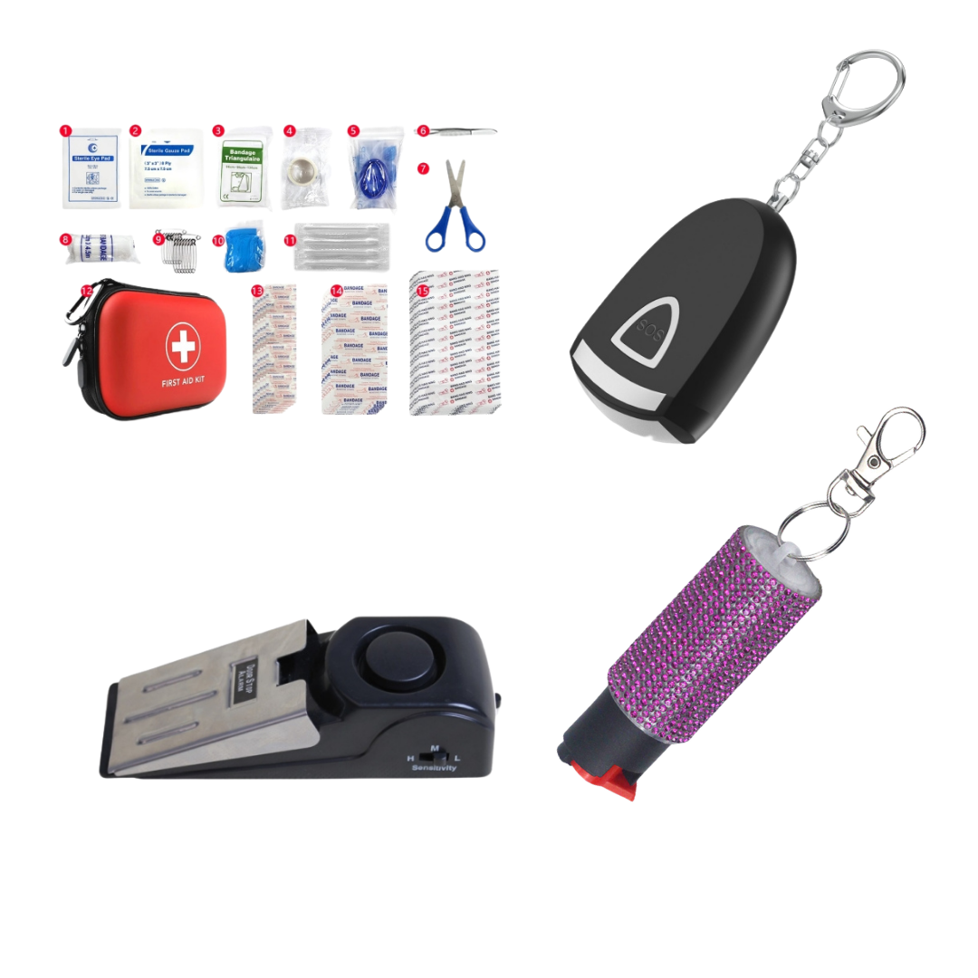 Student Safety Essentials Bundle with personal alarm, door stop alarm, pepper spray, and first aid kit shown on a white background.