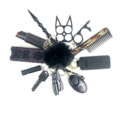 personal safety keychain set with multiple self-defense tools in color black