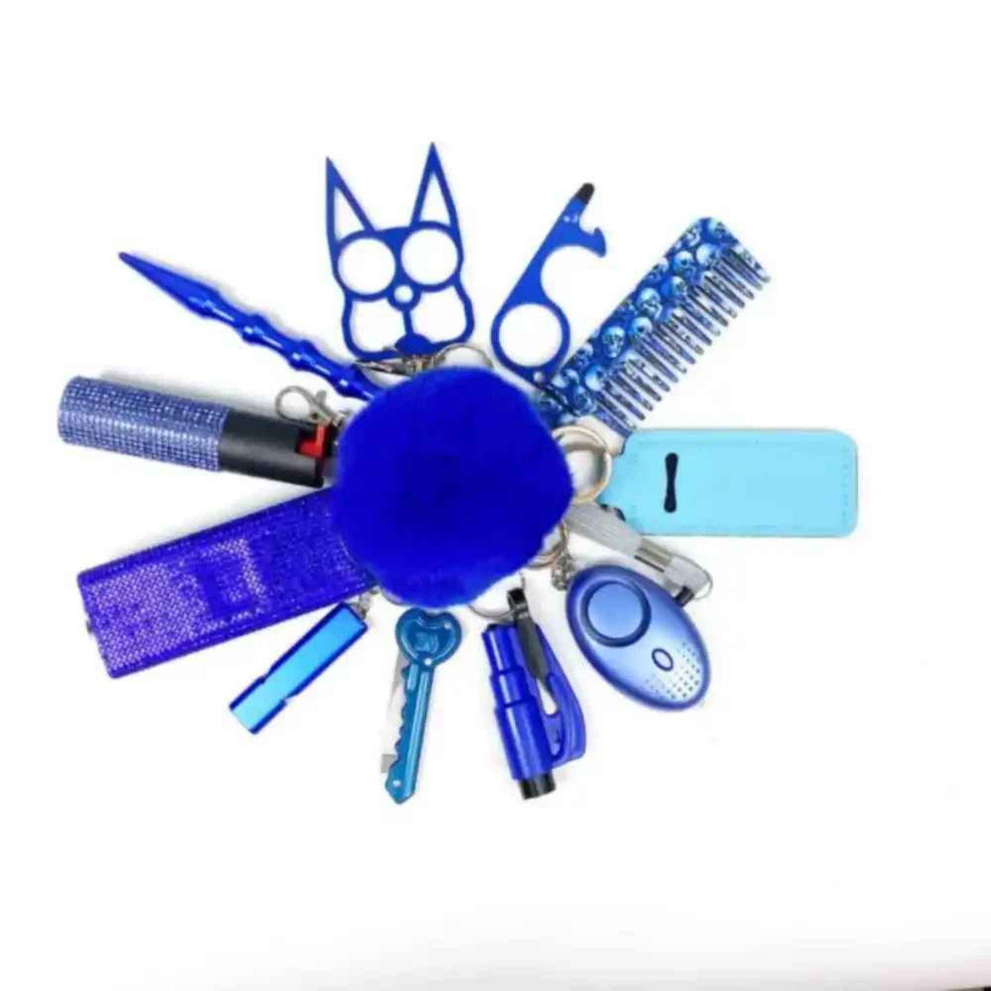personal safety keychain set with multiple self-defense tools in blue
