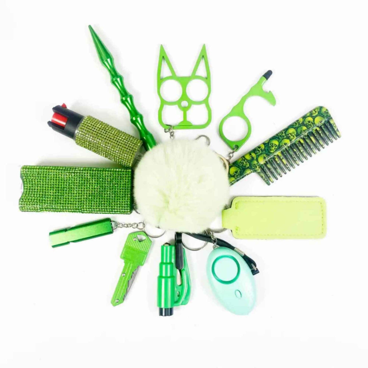 compact 12 piece personal safety keychain in green for everyday protection