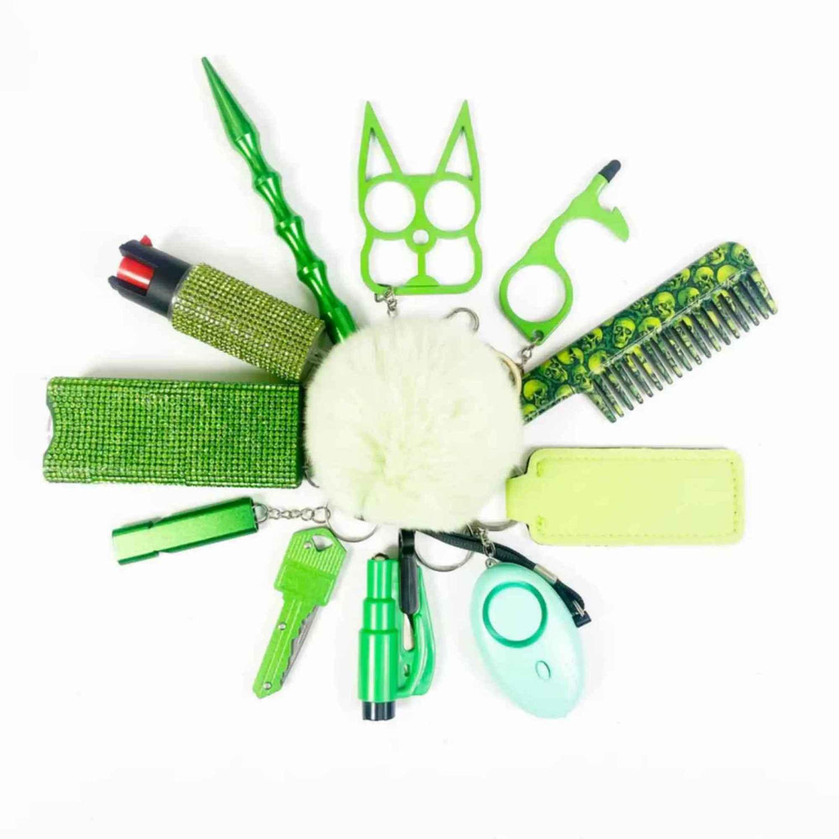 compact 12 piece personal safety keychain in green for everyday protection
