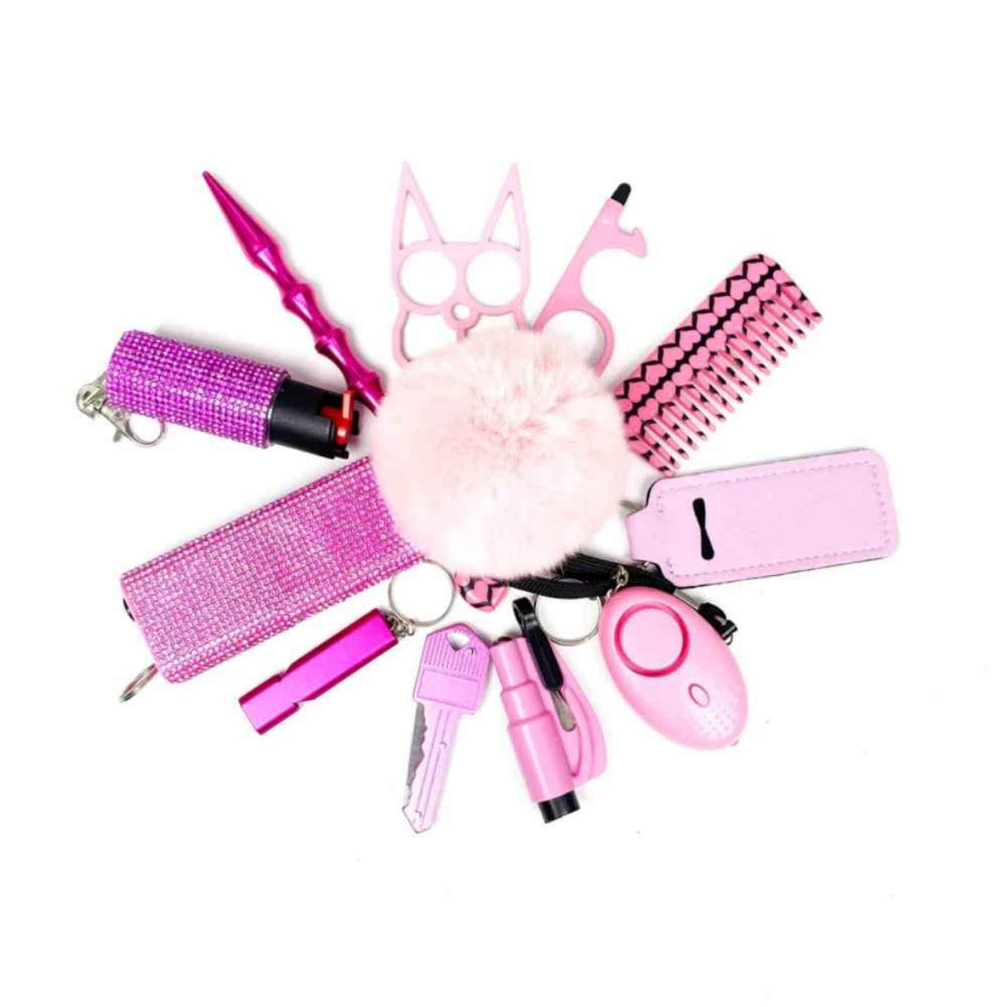 Collection of pink self-defense items including a pepper spray, keychain, and other tools on a white background.
