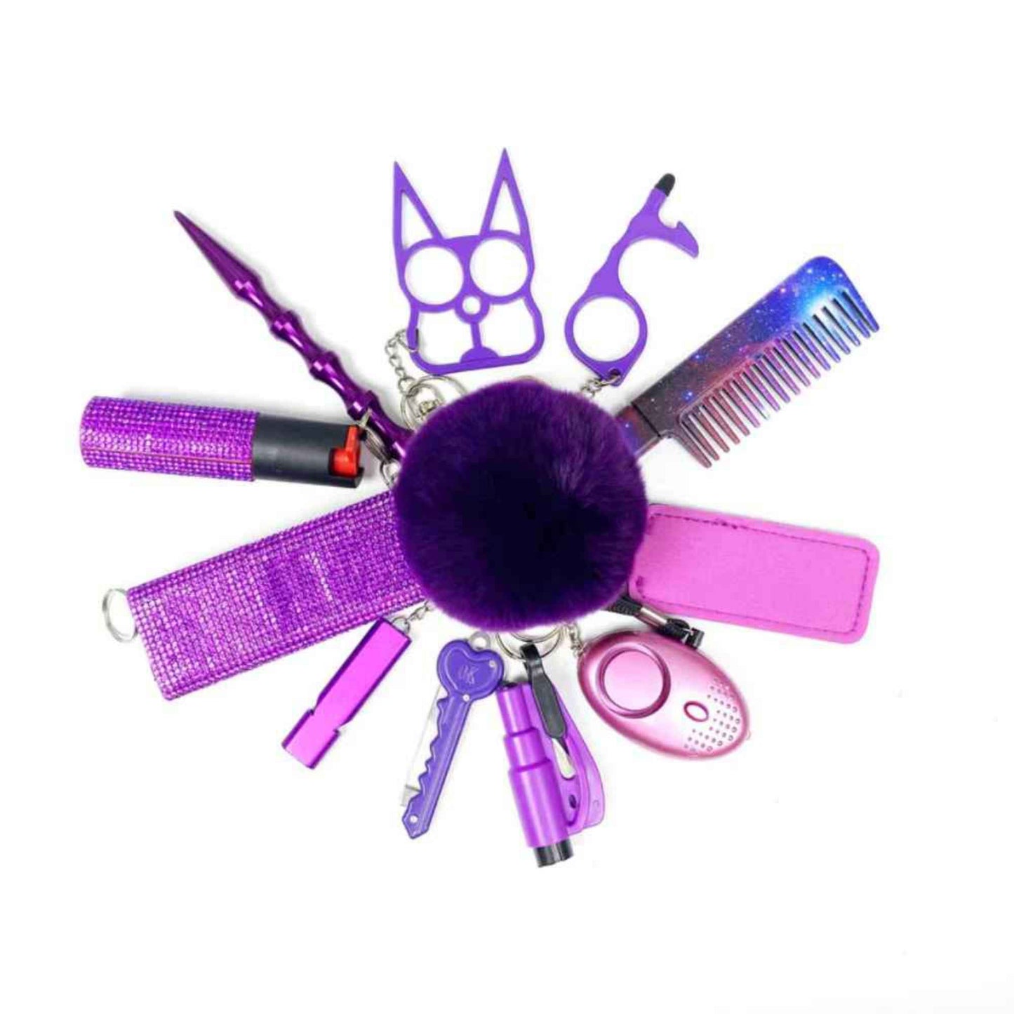 personal safety keychain set with multiple self-defense tools in purple