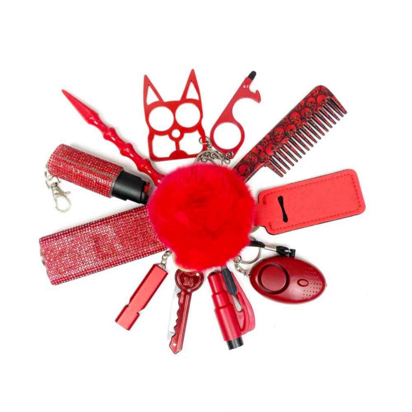 personal safety keychain set with multiple self-defense tools in red