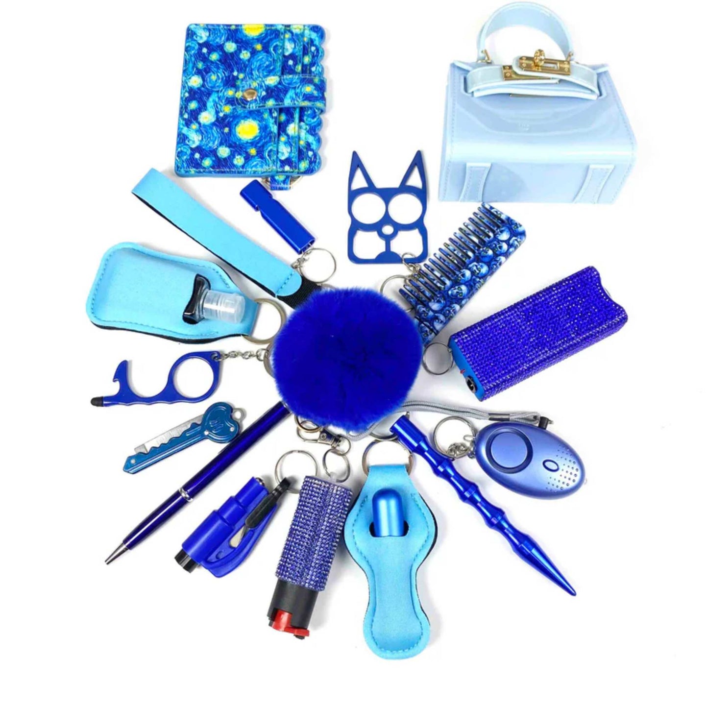 close-up of personal safety keychain tools in blue set