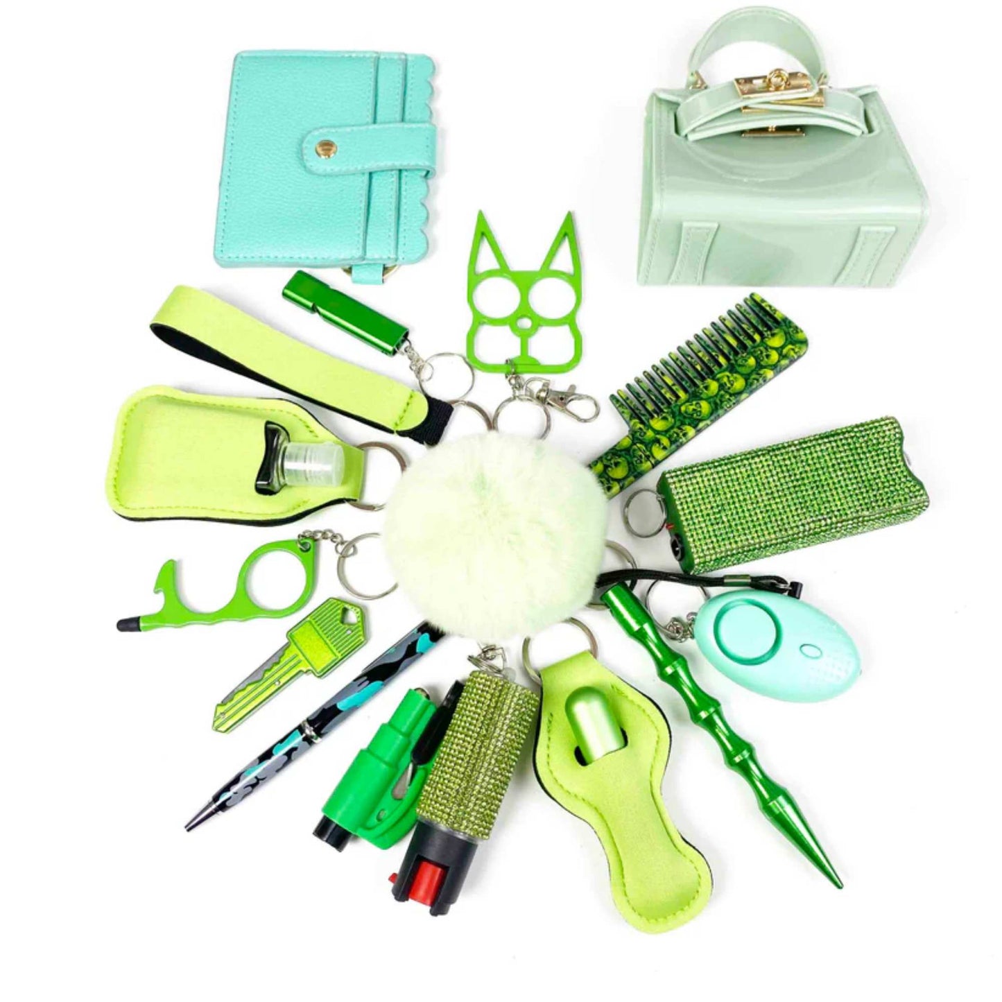 front view of 19-piece personal safety keychain for women in green