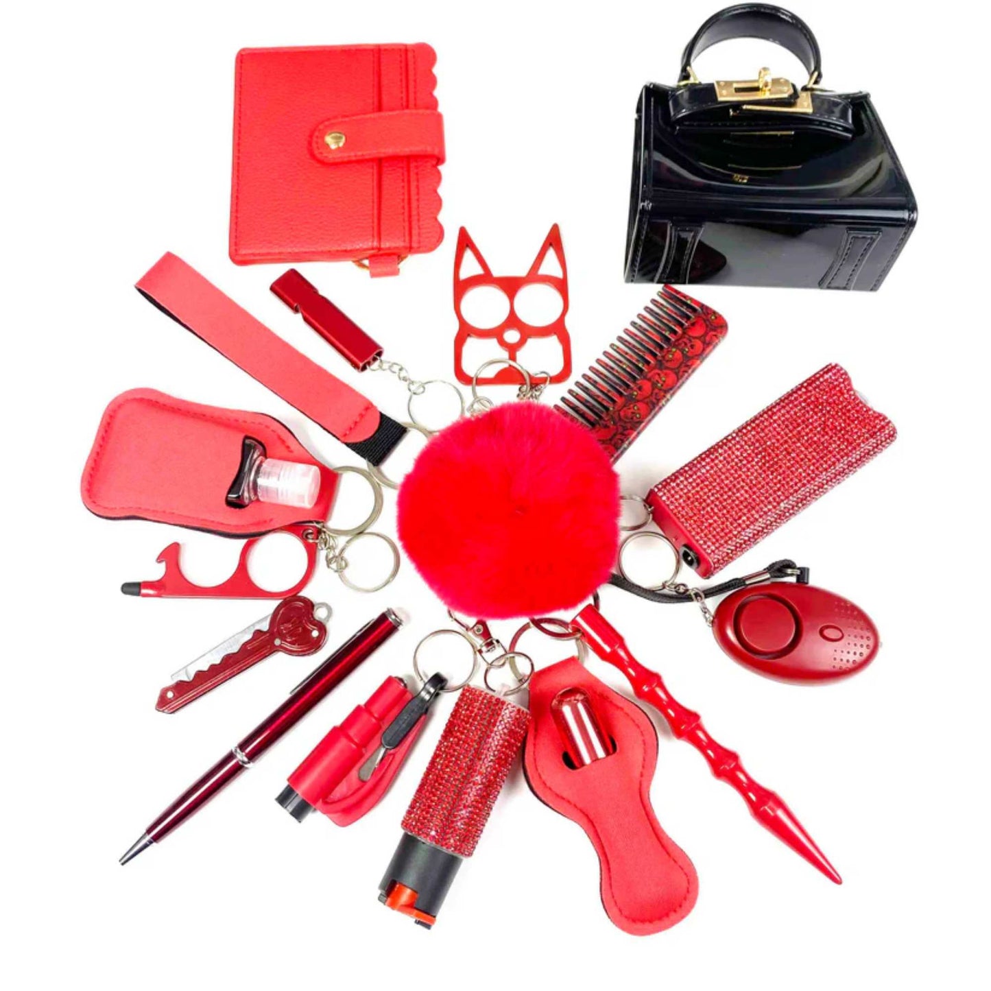 front view of 19-piece personal safety keychain for women in red