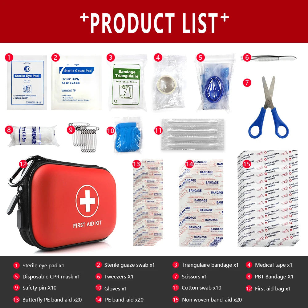 Collection of first aid kit contents including bandages, scissors, and a red case on a white background.