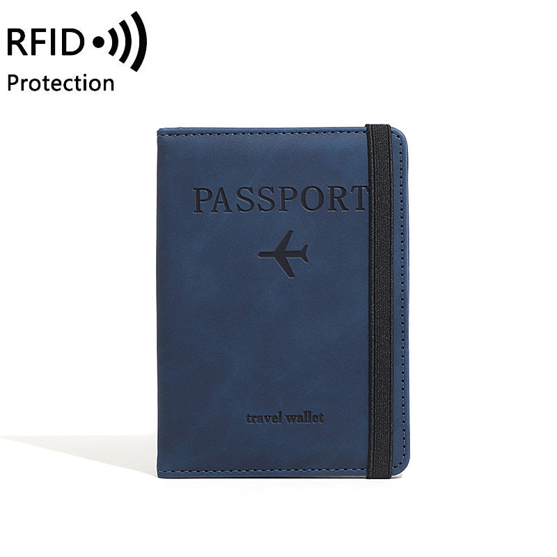 Blue passport travel wallet with 'RFID Protection' feature on a white background