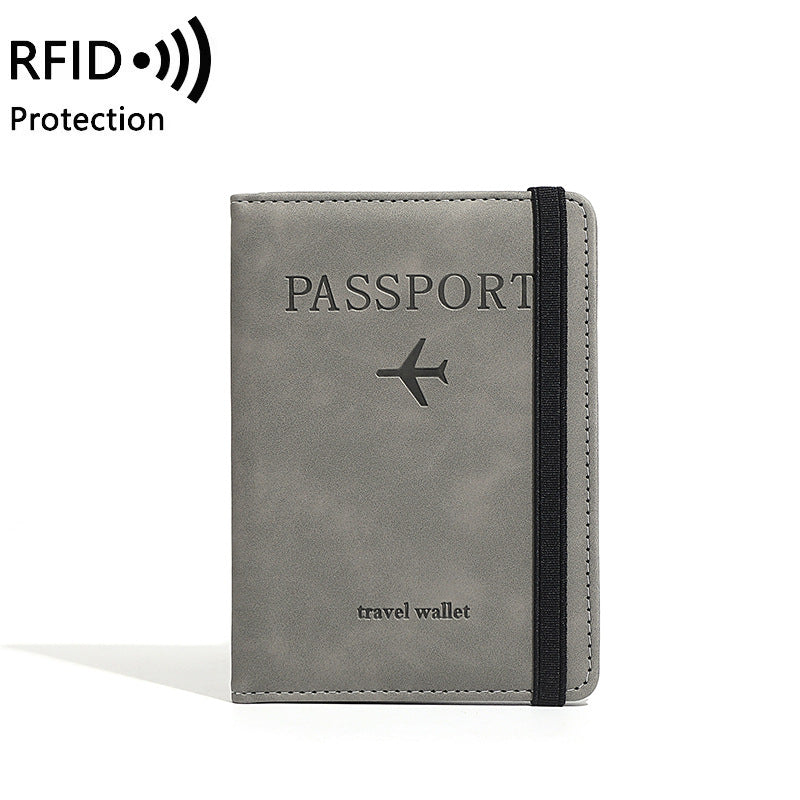 Gray passport travel wallet with 'RFID Protection' text on a white background