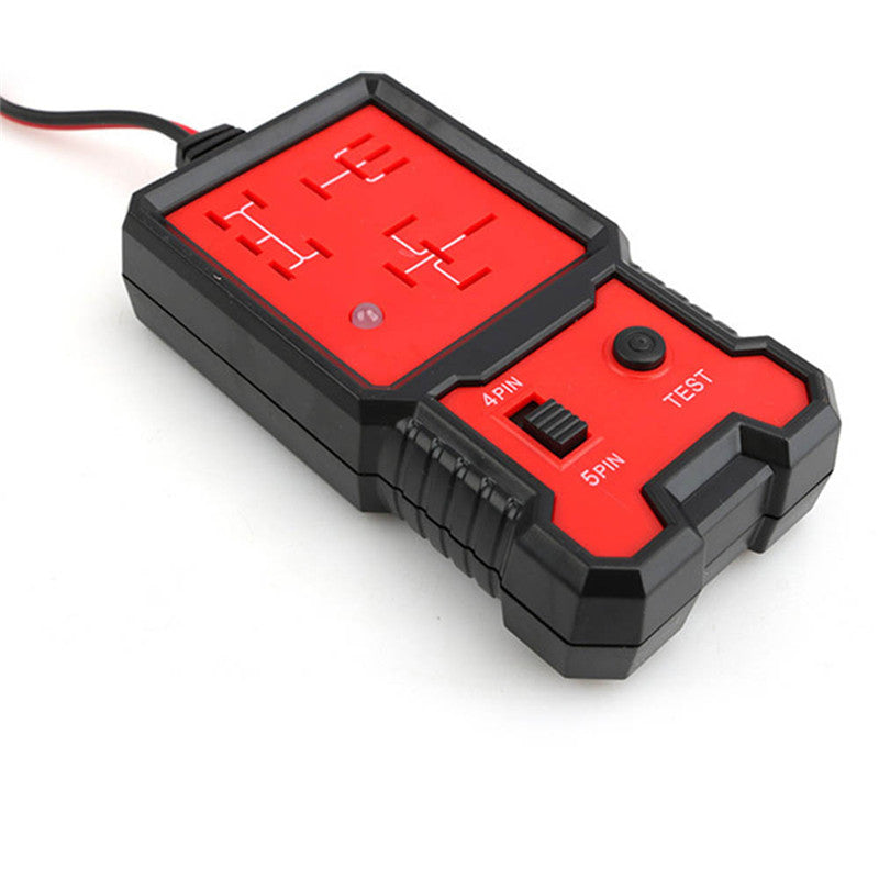 Red and black battery tester on a white background