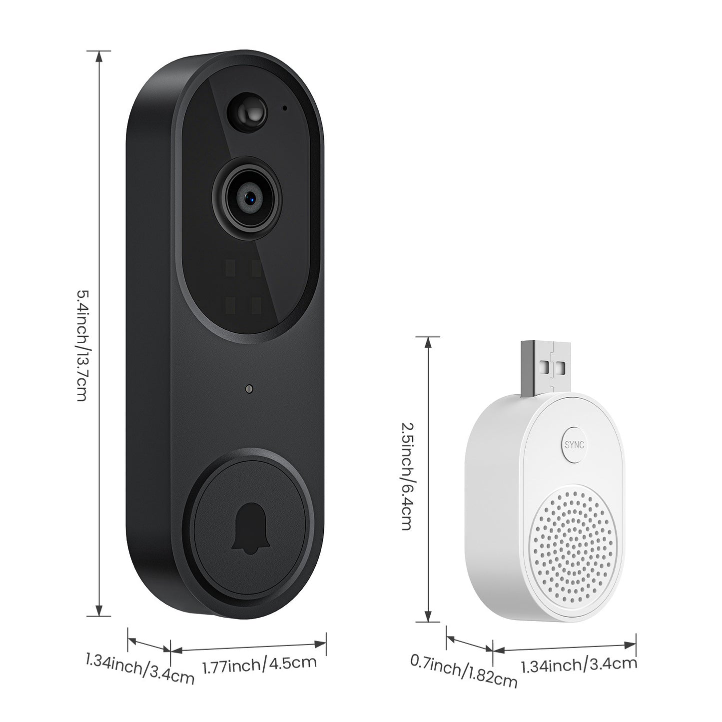 Black doorbell camera and white USB device with dimensions on a white background