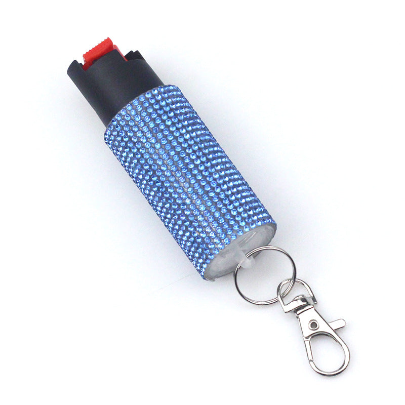 Blue rhinestone pepper spray keychain for women's personal protection