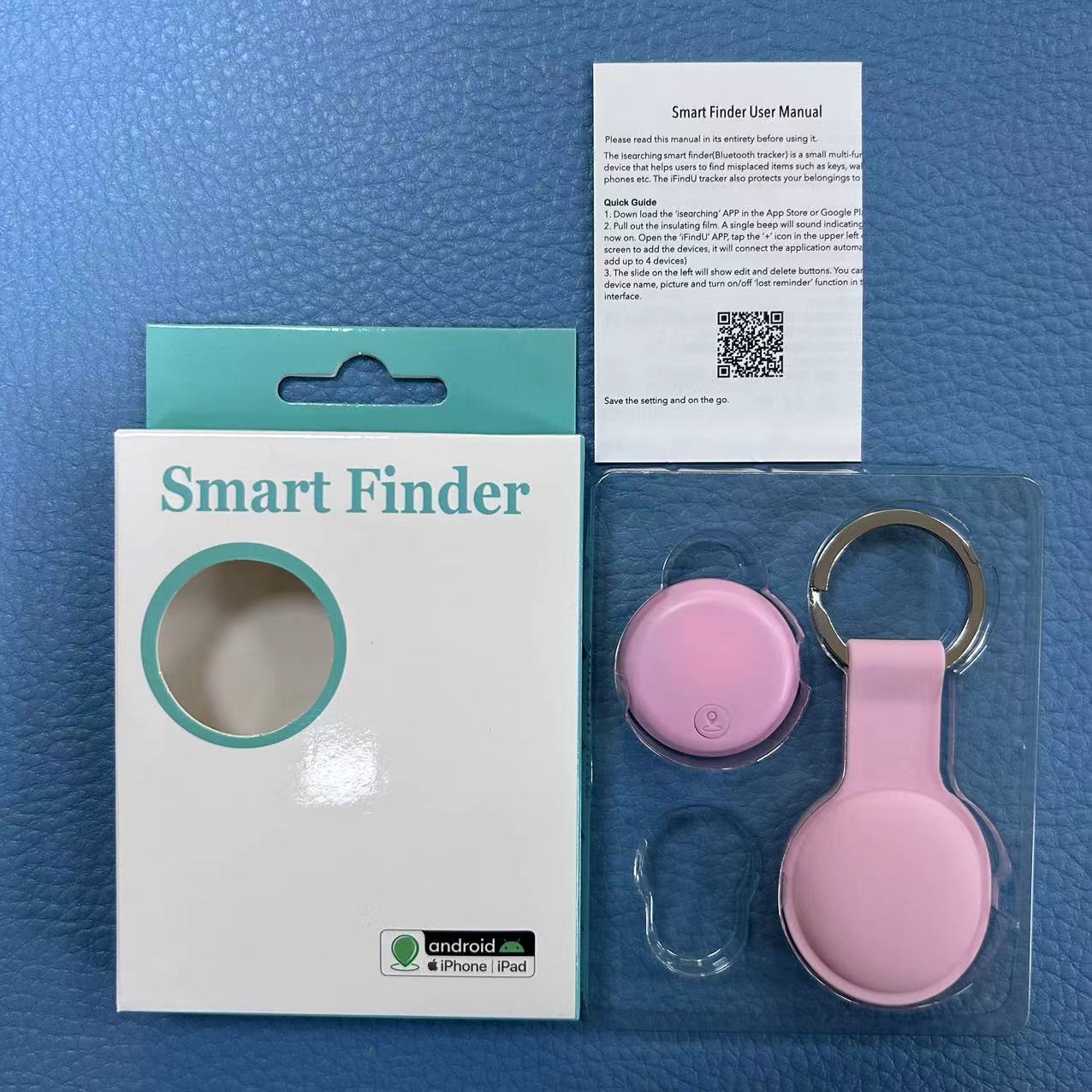 Smart anti-loss Bluetooth tracking device with pink device and keychain on a blue background