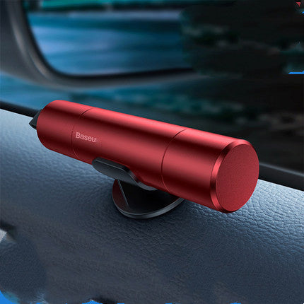 Red car emergency escape tool on a car dashboard with 'Baseus' branding.