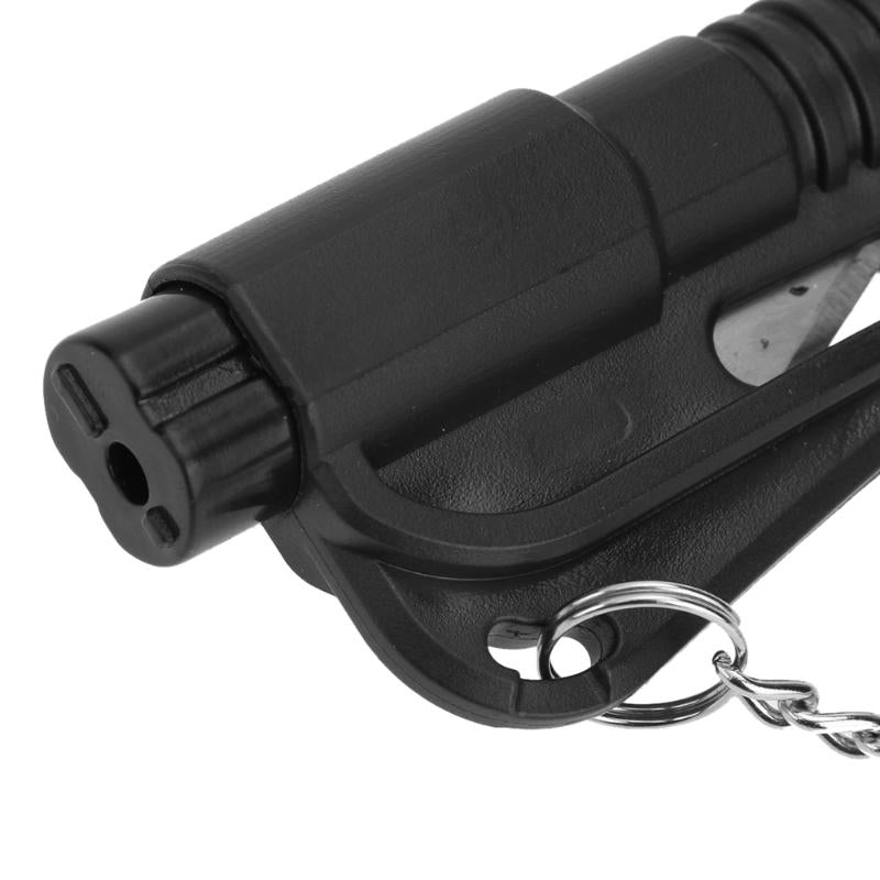 Black multi-tool with keychain on a white background