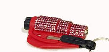 Red handheld window breaker with a black handle and visible wiring on a white background
