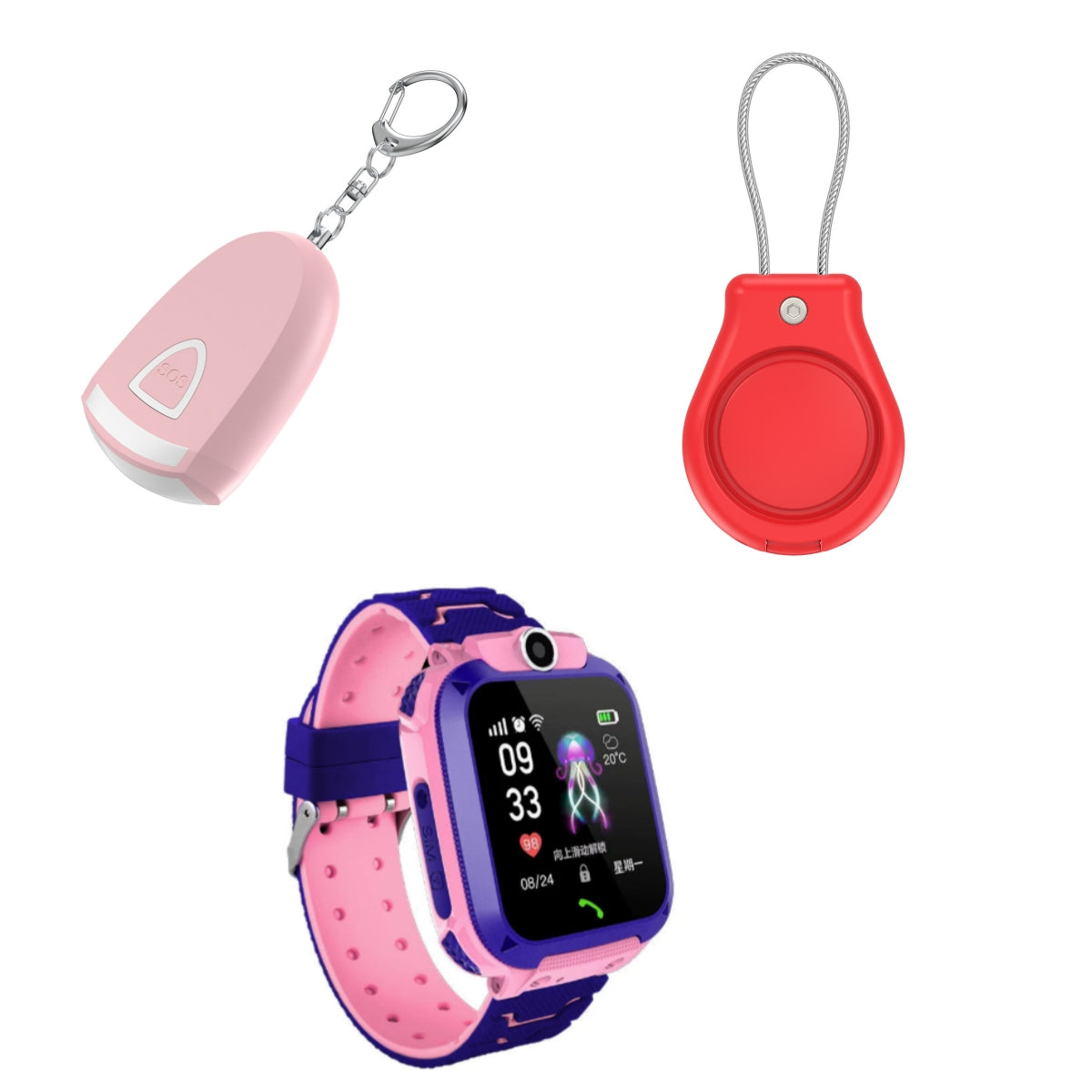 Child Safety Essentials Bundle with personal alarm, AirTag protective case, and kids GPS smart watch
