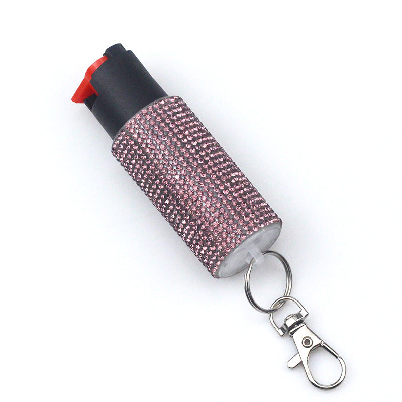 Pink rhinestone pepper spray keychain for women's personal protection