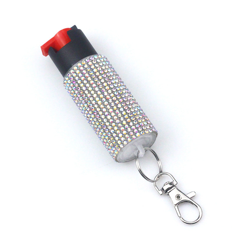 White rhinestone pepper spray keychain for women's personal protection