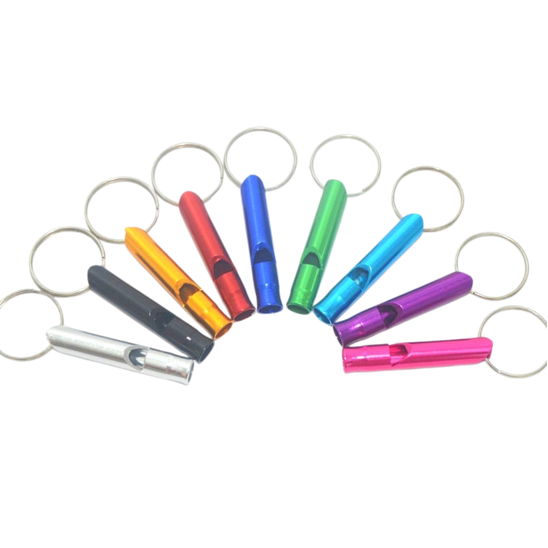 Colorful aluminum whistle keychains in multiple colors including black, red, blue, green, purple and pink with keyring attachments
