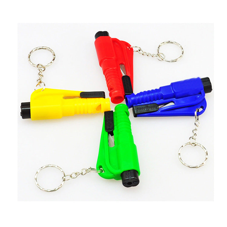 Four colorful window breaker tools with keychains on a white background