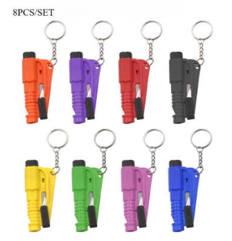 Set of 8 colorful keychain tools with different colors on a white background