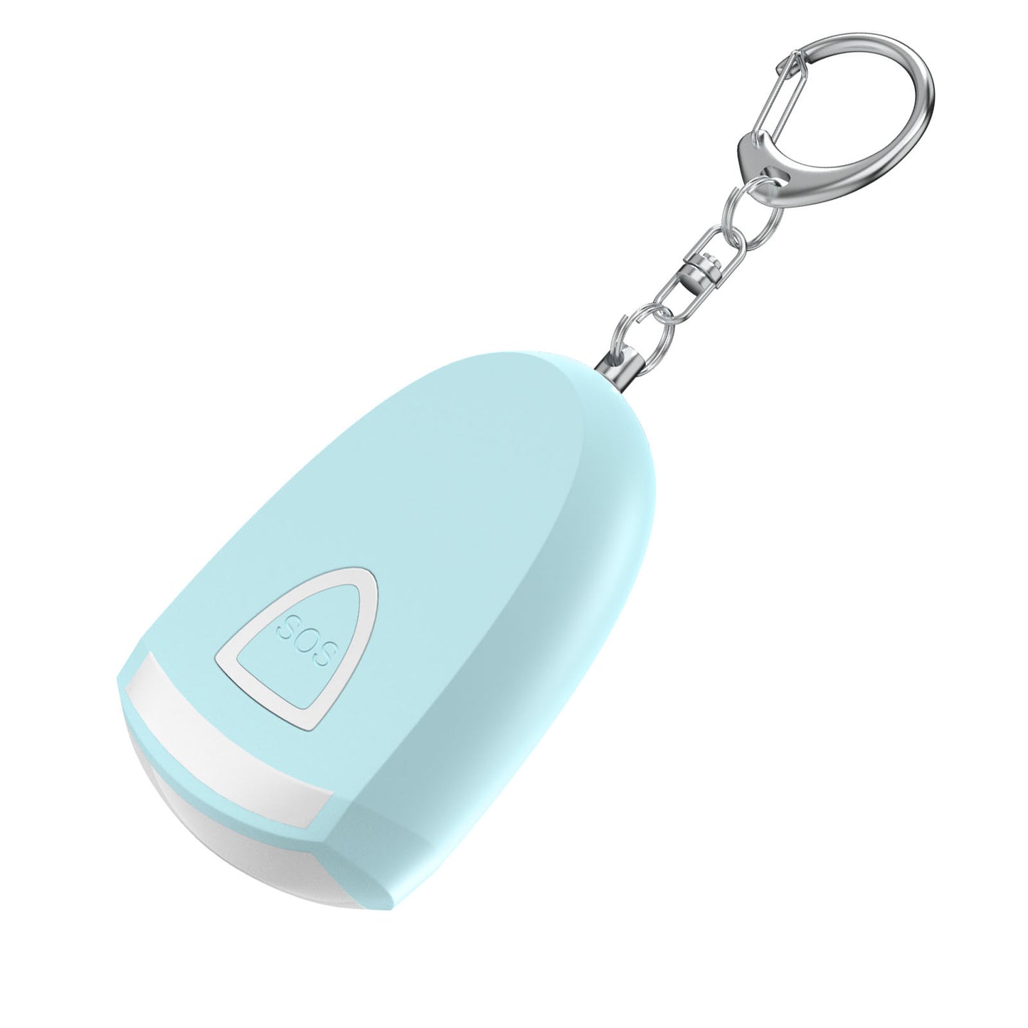 Mini rechargeable safety alarm keychain device with LED light for personal security and emergency situations in light blue.