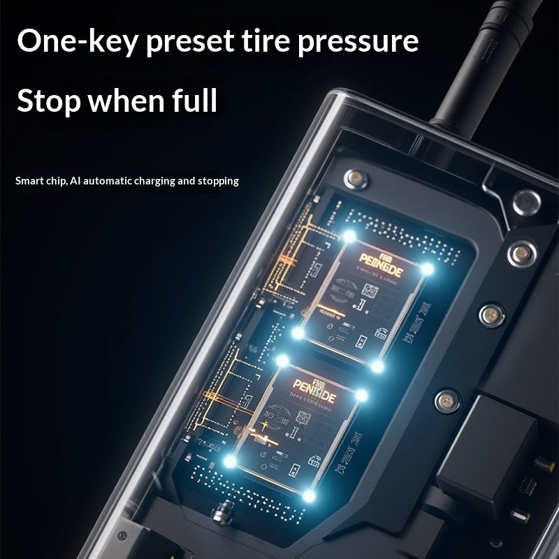 Close-up of a compact tire inflator compressor with electronic components and text about tire pressure monitoring system.