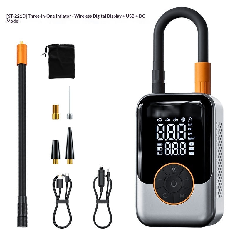 Three-purpose air pump with digital display, USB, and DC model on a white background