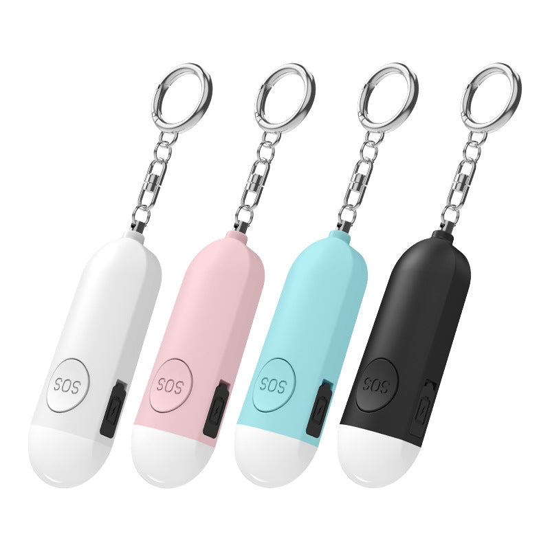 Four keychain SOS devices in different colors on a white background