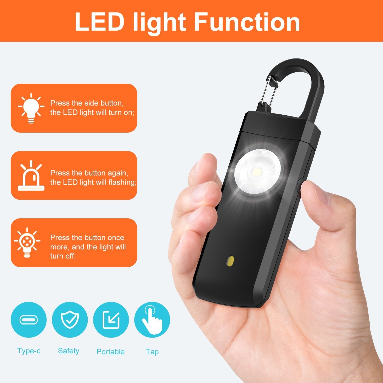 Rechargeable personal alarm 130dB with built-in light designed for emergency self-defense, personal safety, and everyday protection.