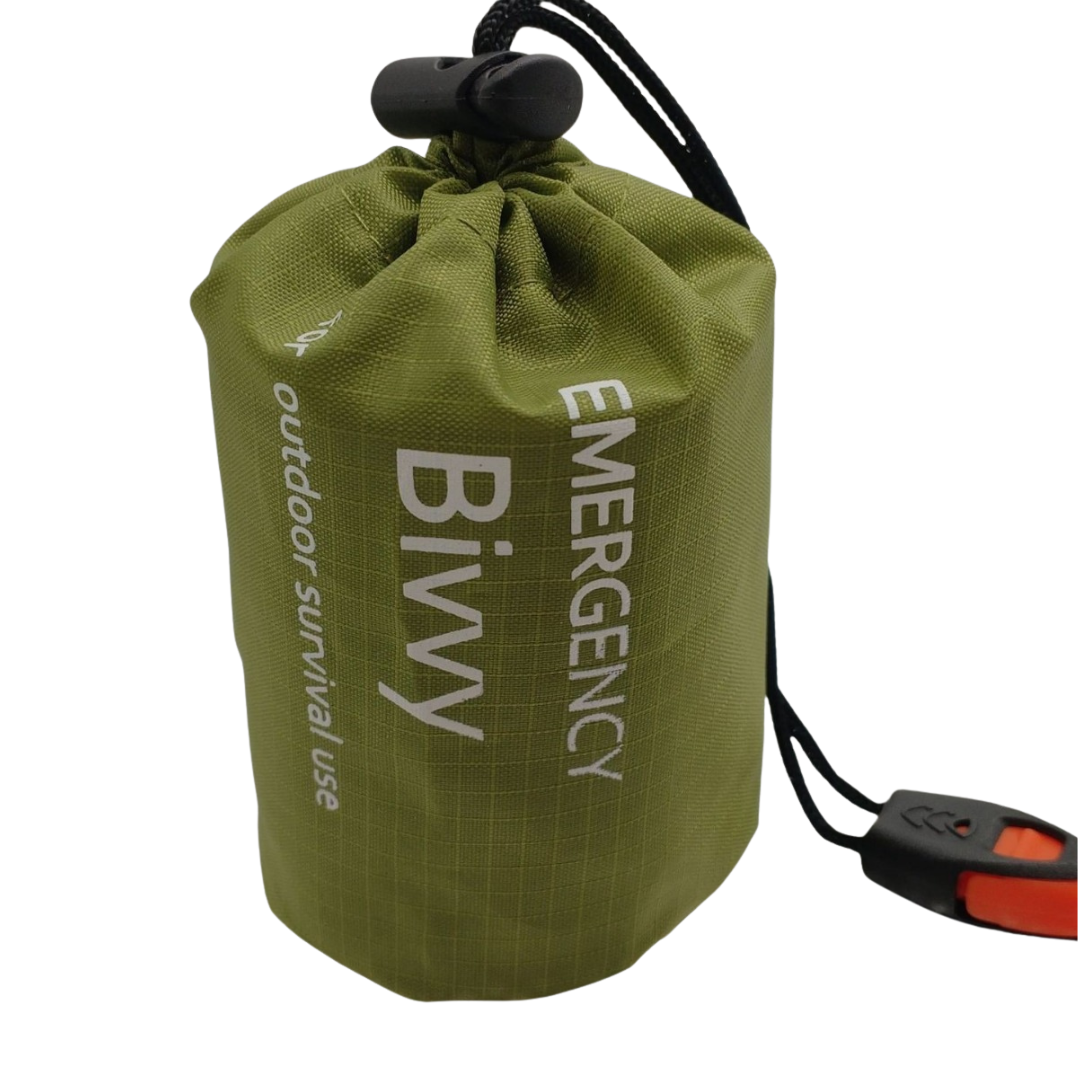 Olive green emergency bivvy bag with drawstring closure and orange whistle attachment for outdoor survival use