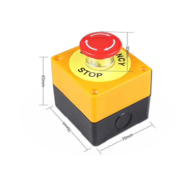 Red emergency stop button mounted in a durable control box