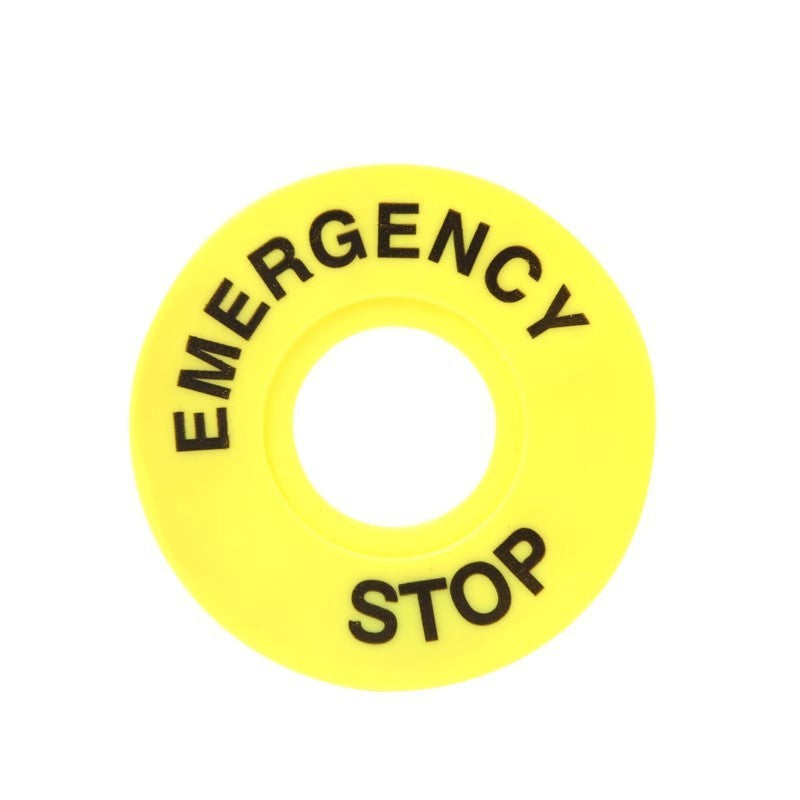 Yellow circular sign with 'EMERGENCY STOP' text on a white background