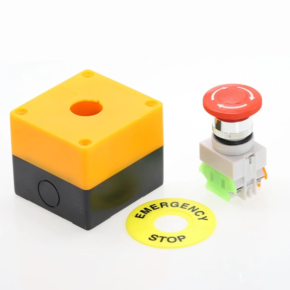 Industrial emergency stop button control box with flame-retardant housing and copper contacts for machinery safety