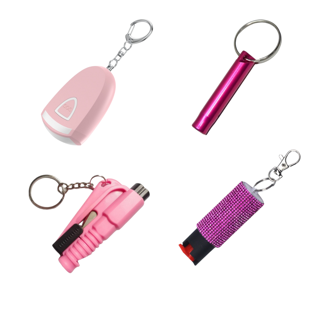 Everyday Essentials Bundle with personal alarm, pepper spray, emergency whistle, and escape tool shown on a plain white background.