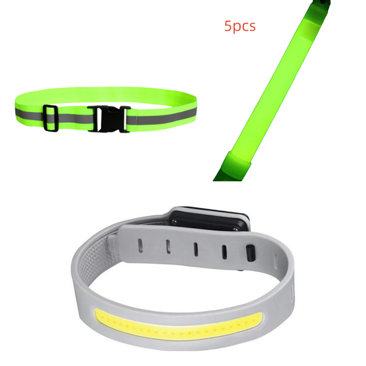 A set of fitness and Outdoor Safety Essentials Bundle with LED safety armband, reflective running waist belt, and emergency glow stick