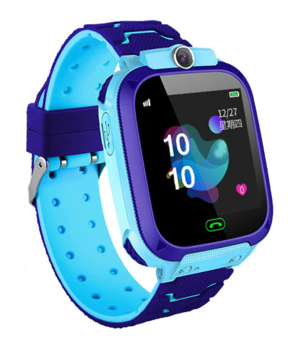 Smartwatch with a blue and purple strap on a white background