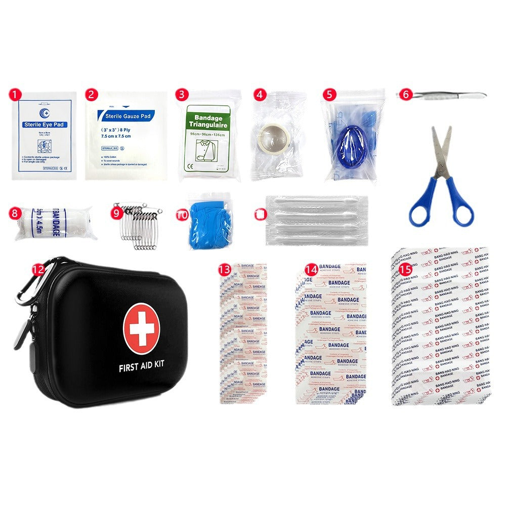 Collection of first aid supplies including a black first aid kit on a white background.