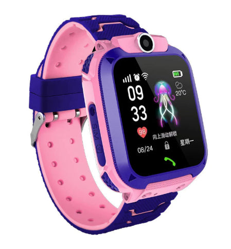 Smartwatch with a pink and blue strap on a white background
