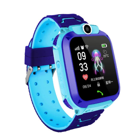 Blue and purple smartwatch with a colorful display on a white background