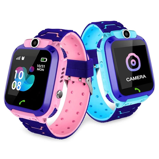 Children's smartwatches, one pink and one blue, on a white background.