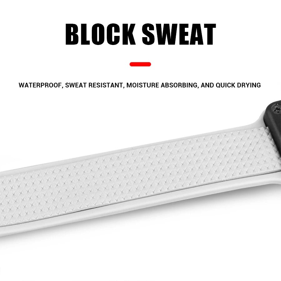 White belt with black buckle on a white background, featuring text about sweat resistance.