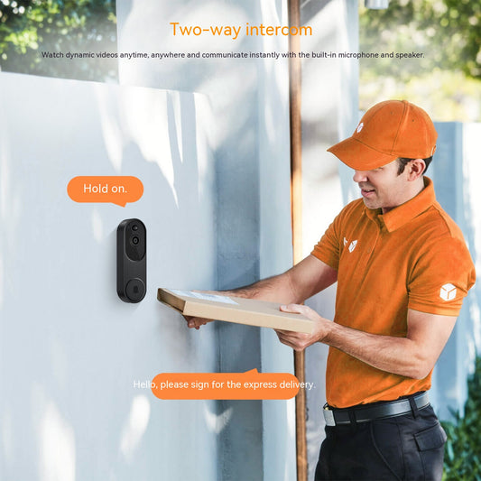Man in orange shirt and cap using a two-way intercom system on a door.