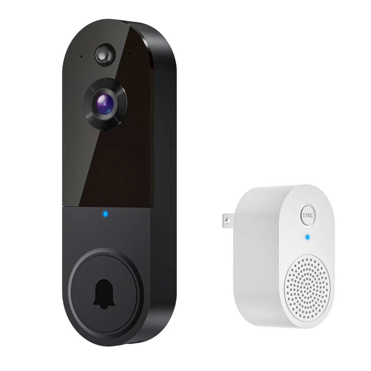 Black video doorbell and white intercom device on a white background