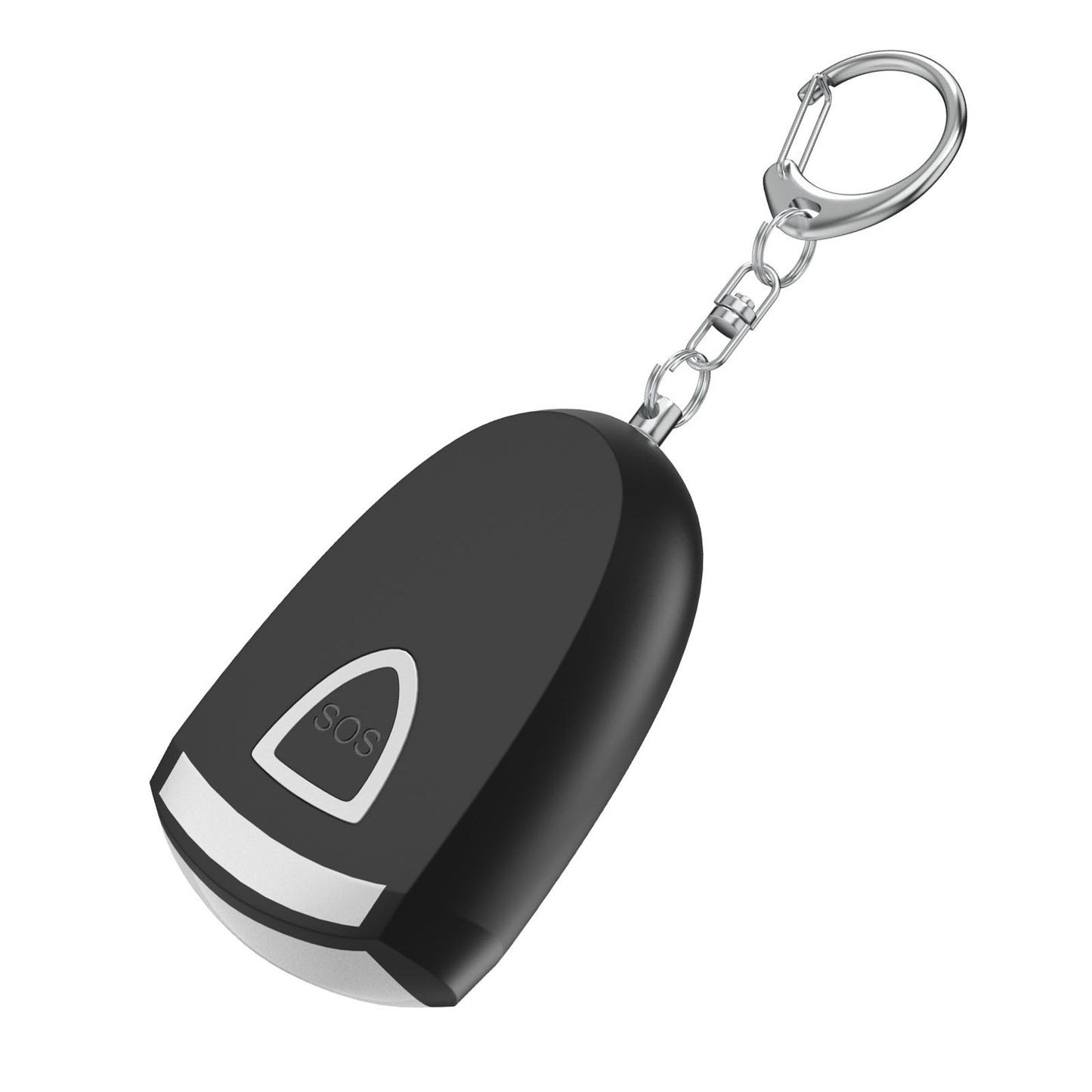Black safety alarm keychain device with SOS button on a white background.